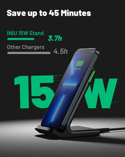 INIU Wireless Charger, 15W Fast Qi-Certified Wireless Charging Station with Sleep-Friendly Adaptive Light Compatible with iPhone 15 14 13 12 Pro XS 8 Plus Samsung Galaxy S23 S22 S21 Note 20 Google etc