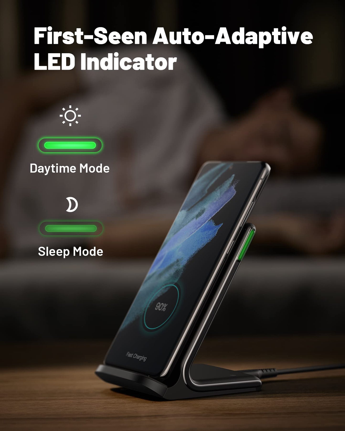 INIU Wireless Charger, 15W Fast Qi-Certified Wireless Charging Station with Sleep-Friendly Adaptive Light Compatible with iPhone 15 14 13 12 Pro XS 8 Plus Samsung Galaxy S23 S22 S21 Note 20 Google etc