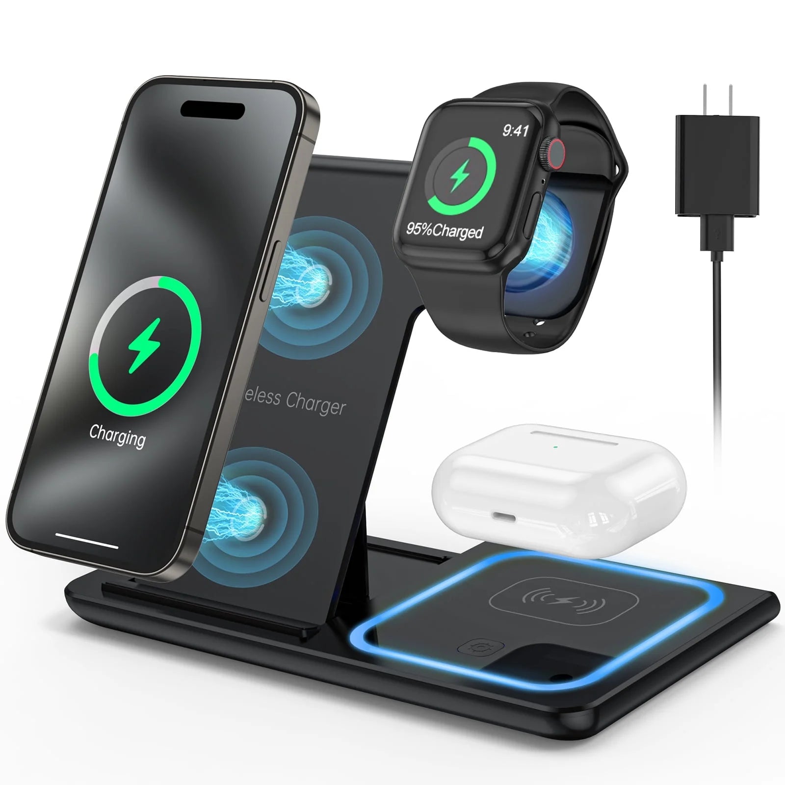 "Ultimate 3-in-1 Wireless Charging Station for iPhone, Apple Watch, and AirPods (18W Fast Charging, Includes QC3.0 Adapter)"